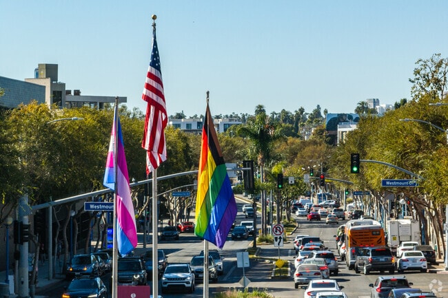 The pride flags on Santa Monica Blvd in West Hollywood symbolize LGBTQ+ inclusivity.