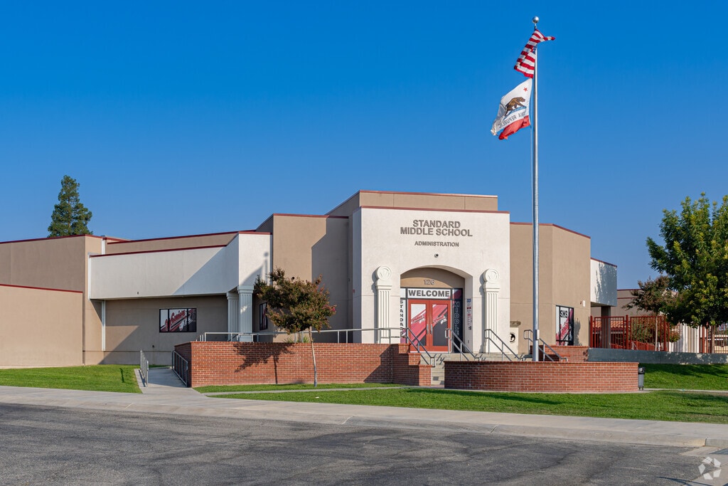 The American flag waves at the entrance to Standard Middle School in Bakersfield.