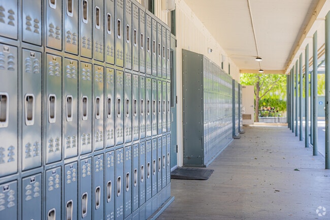 Hall Middle School has its student's lockers outdoors.