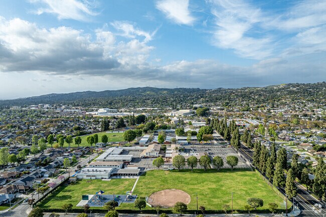 An aerial view of the sports fields at St Bruno Catholic School in Whittier.