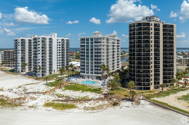 High rise condominiums line the coast along the shoreline of in Fort Myers Beach.