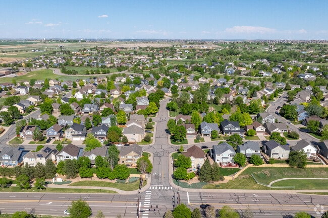 An aerial view of The Haven at York Street showcases a peaceful community with elegant homes, lush backyards, and nearby open space that adds a touch of nature to suburban living.