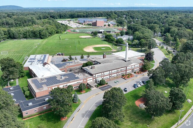 An aerial view of Thurston Middle School in Westwood, MA.