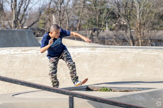 Gainesway skaters hop over to Berry Hill Skate Park on a warm day.