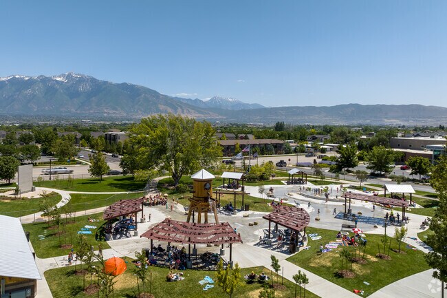 The splash park with a tower at City Park located in the South Jordan neighborhood.