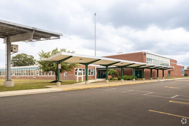 The entrance way to East Elementary School in Brentwood, NY is covered.