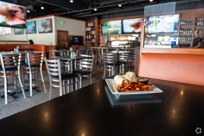 The Pint house features a selection of bar foods and local sports games on TV.