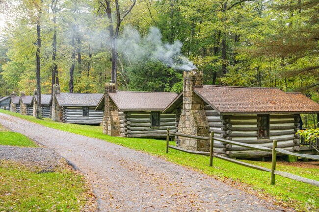 Cabins at Black Moshannon State Park offer rustic lodging in Rush’s elevated terrain.