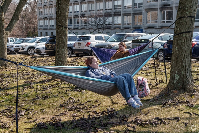 Two Neumann University students take advantage of the warm weather in their hammocks.