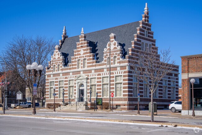 The Brown County Historical Society is located in a historic post office building with German inspired architectural details.