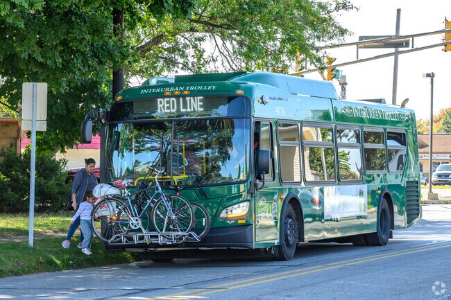 The red and orange lines of the Elkhart Interurban Trolley pass through Historic Roosevelt.