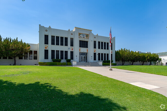 The flag flies high in the front of Taft Union High School.
