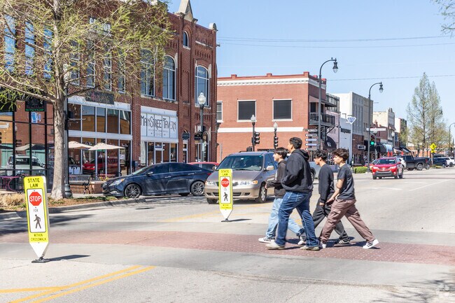 Downtown Broken Arrow is a pedestrian-friendly neighborhood with signalized crosswalks.