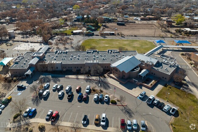 Corrales Elementary School office building aerial.