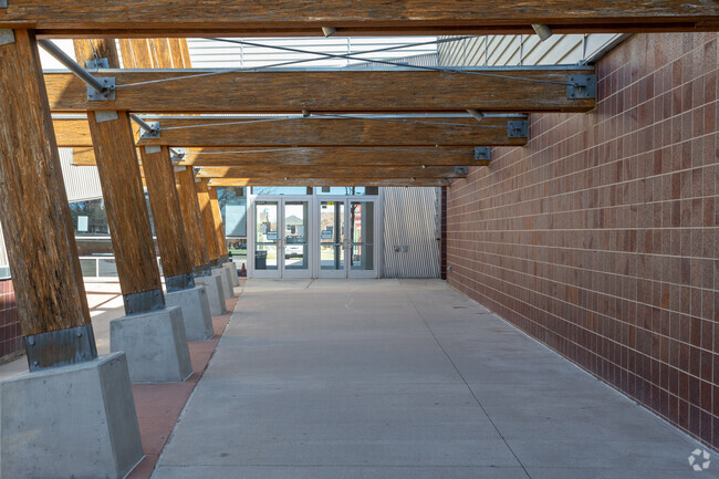 Montview Middle School, in Central Park, features wooden beams in the entrance.