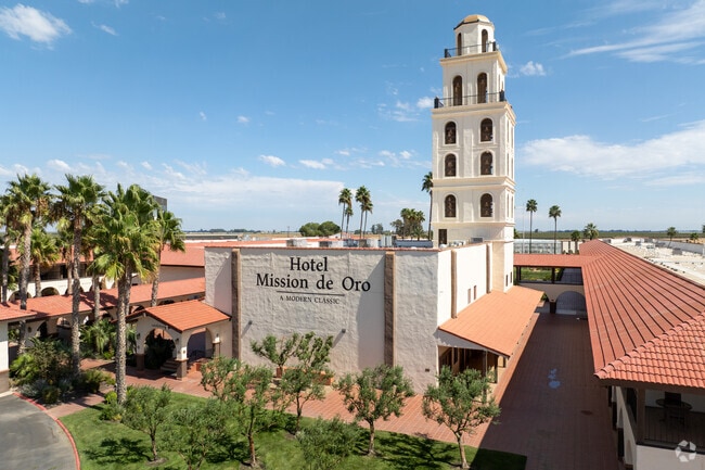 A tower and arches give Hotel Mission de Oro its Santa Nella landmark look.