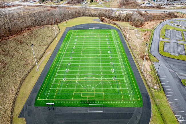 The football field at Canon-McMillan Middle School is lush green in color.