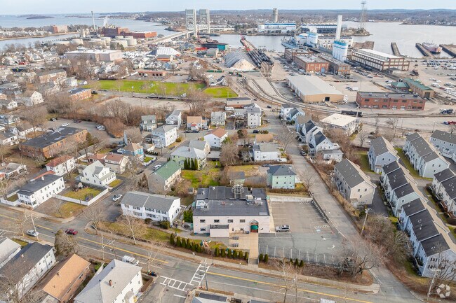 An aerial view of Noble Academy and the surrounding area in Quincy, MA.