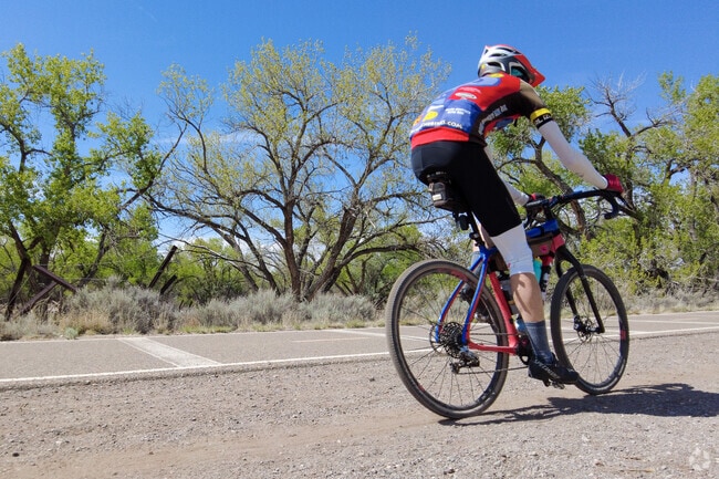 Cyclist riding along the Paseo del Bosque trail west of Los Griegos.