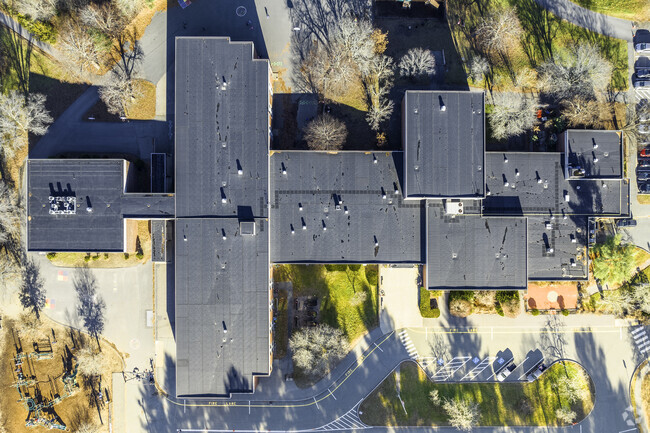 An aerial top-down view of Lt. Peter M .Hansen Elementary School in Canton, MA.