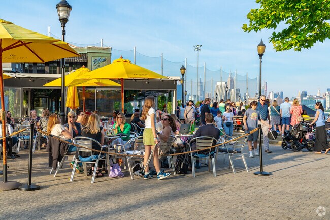 Waterfront dining in Hoboken becomes especially scenic during sunset.