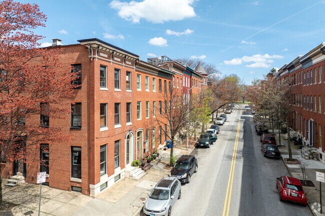 Three story renovated brick row-homes are common in Upper Fells Point.