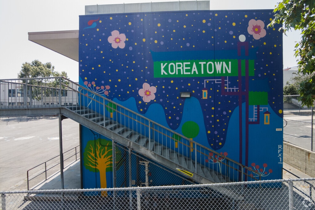 There are colorful murals at Hobart Boulevard Elementary School in Koreatown.