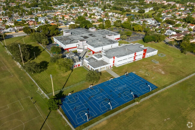 An aerial context shot of Howard D. Mcmillan Middle School.