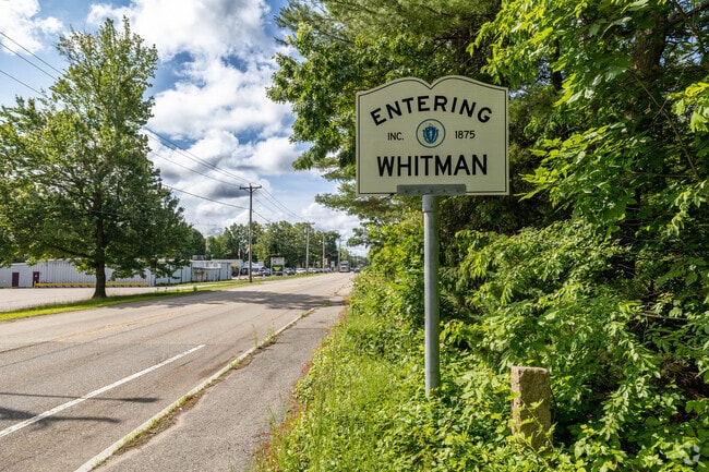 An Entering Whitman sign greets you as you drive down MA-27 in Whitman.