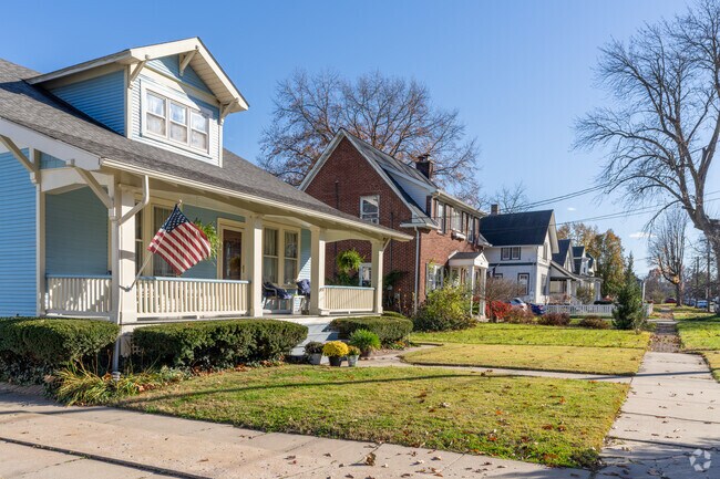 Classic bungalow and brick architecture line the historic streets of Alton.