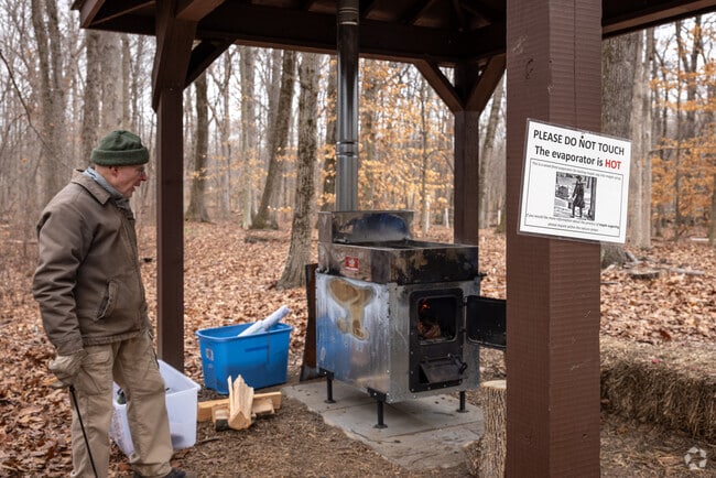 The evaporation process for the sap begins with a hot fire at the Great Swamp Outdoor Education Center, Green Village, NJ.