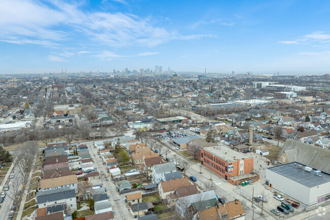 An aerial view of Victory Christian Academy with Downtown Milwaukee in the background.