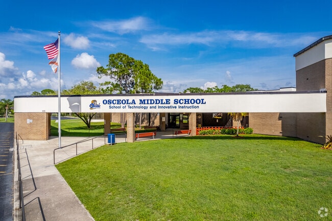 The school name is above the front entrance of the Osceola Middle School in Lake Seminole, FL