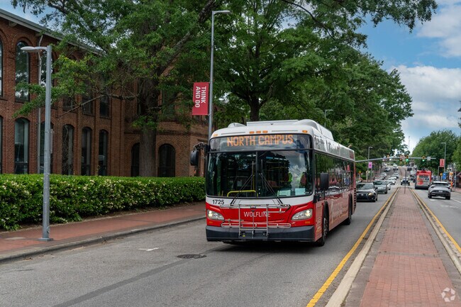 Go Raleigh and the Wolfline 
 run like clock work along Hillsborough Street in West Raleigh.