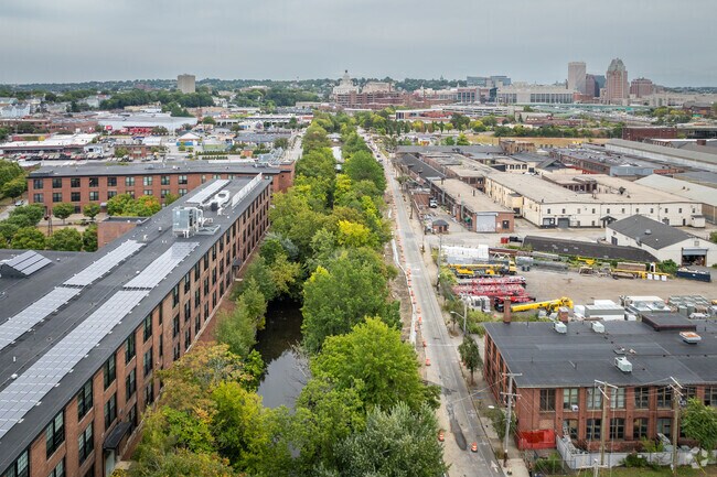 Enjoy the unique sight of converted mill buildings in Valley, RI, from above.