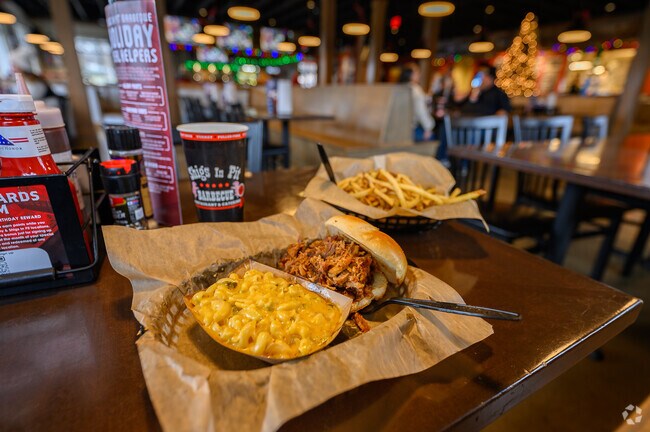 Get a tasty BBQ pulled-pork sandwich and mac and cheese for lunch at Arlington Park.