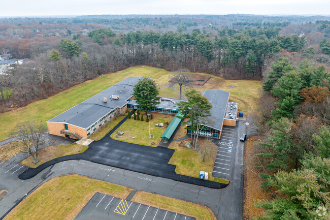 An aerial overview of the Pine Glen Elementary School in Burlington, MA.