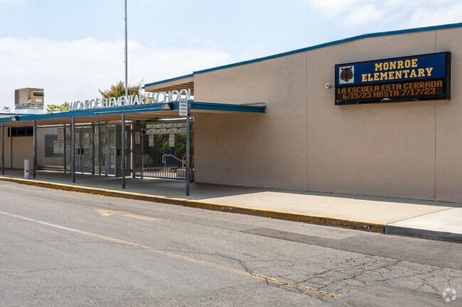 Enter Monroe Elementary School through its welcoming main entrance.