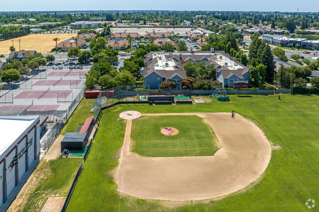 There is a well-maintained baseball field at Fresno Christian School.