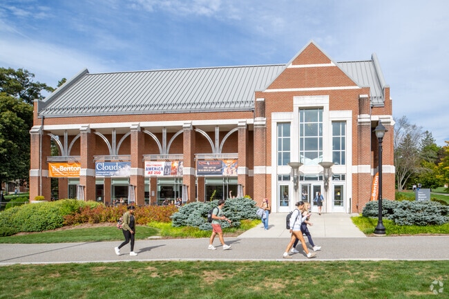 Storrs Mansfield is a vibrant college town with students walking across campus.