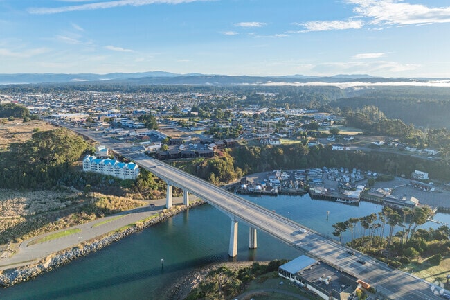 The Noyo River Bridge is a box girder bridge that serves as an entry way into the town of Fort Bragg, passing over the Noyo River.
