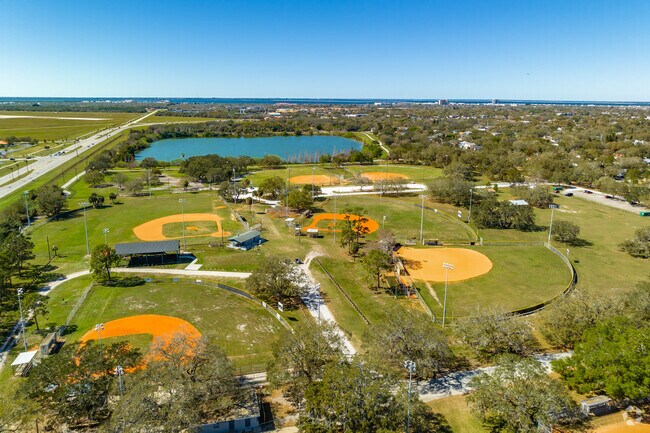 Aerial shot of Gadsden Park baseball/softball fields and lake.