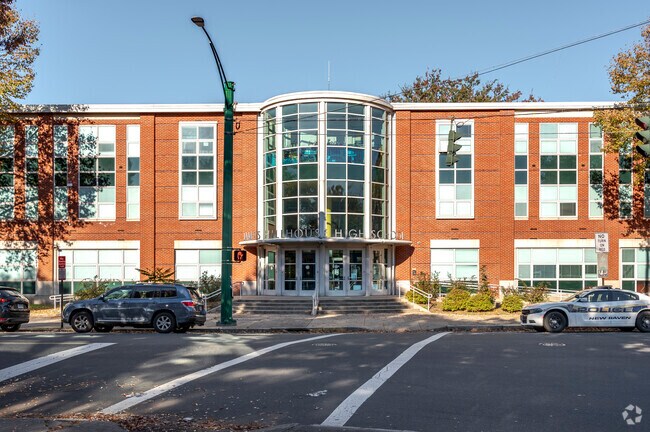 James Hillhouse High School is surrounded by local neighborhoods and across from De Gale Field