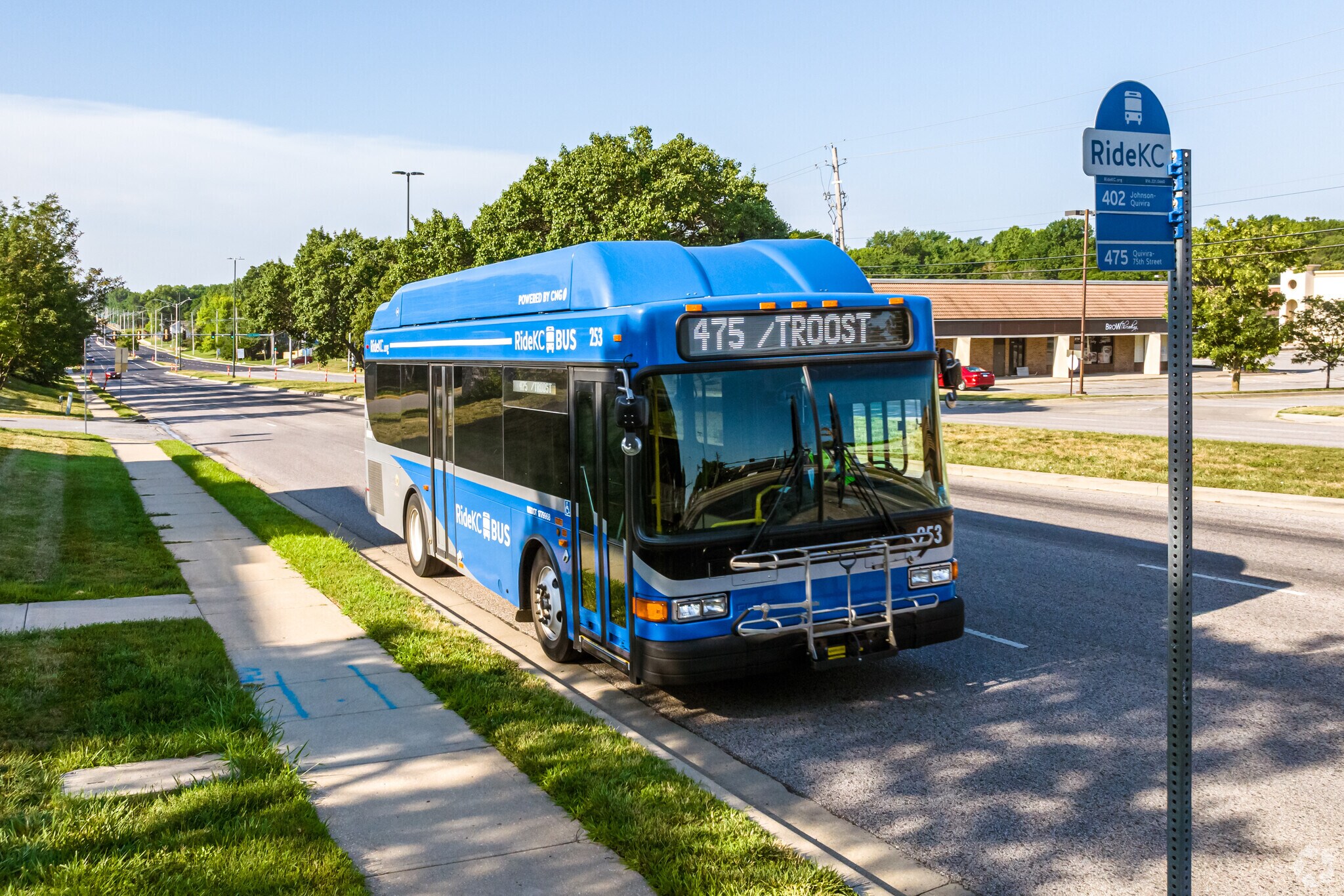 Jump on the RideKC Bus to get around town in the Oak Park neighborhood.