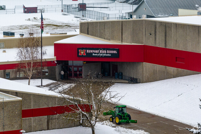 Newport High School features a long front walkway.