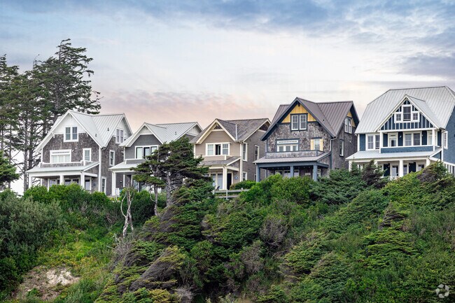 The town of Seabrook, WA is situated on top of a bluff overlooking the Pacific Ocean.