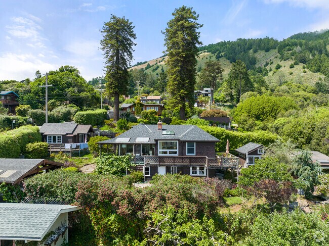Older houses on stilts live among the trees in Stinson Beach.