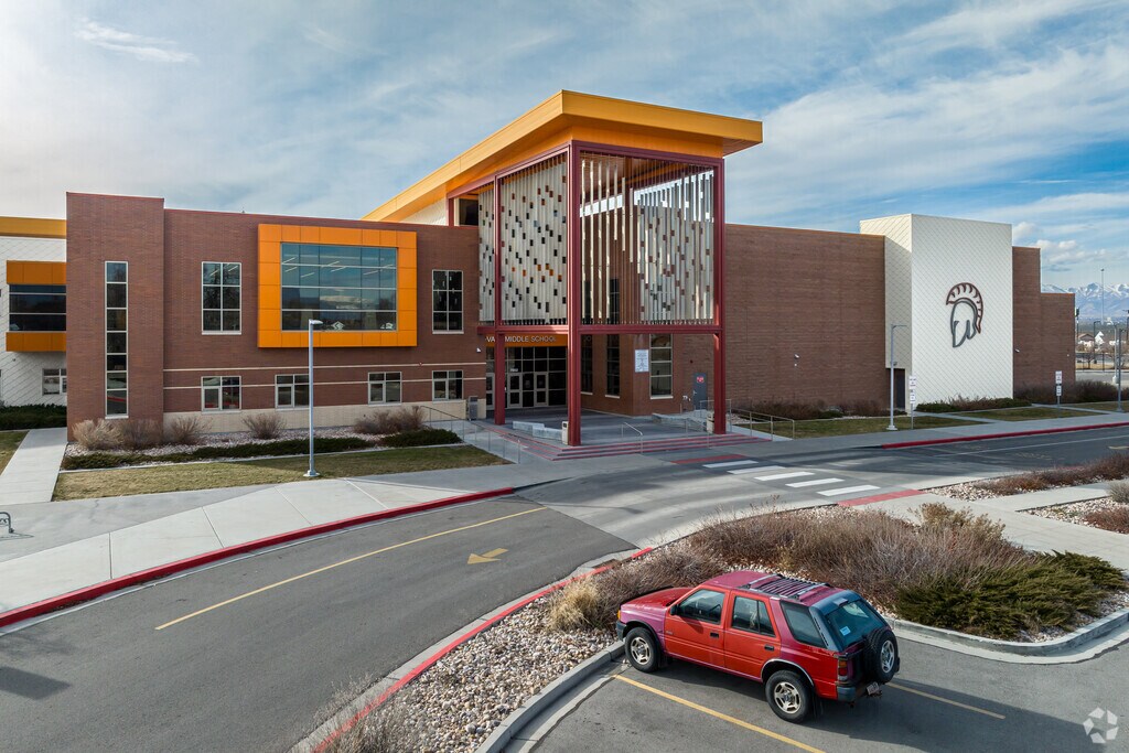Midvale Middle School has a modern design with pops of yellow.