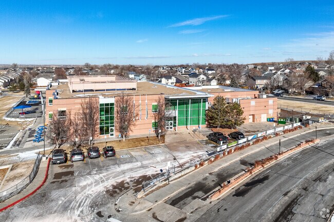 The front entrance at Prairie Hills Elementary School in Thornton, Colorado.
