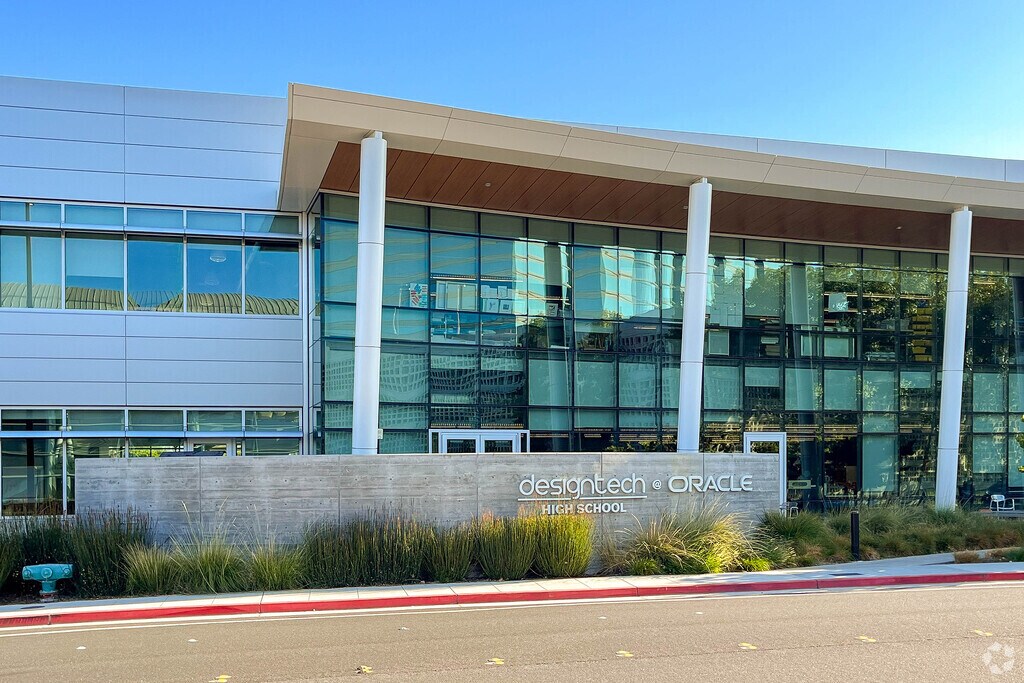 A view of the Design Tech High School buildings from the street in Redwood Shores.